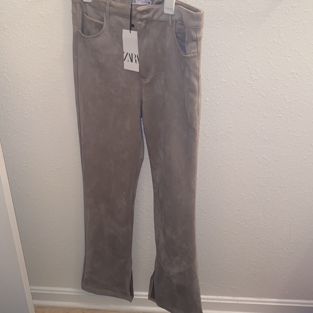 Zara Slim fit flared faux suede trousers with vents size 12 NWT gray